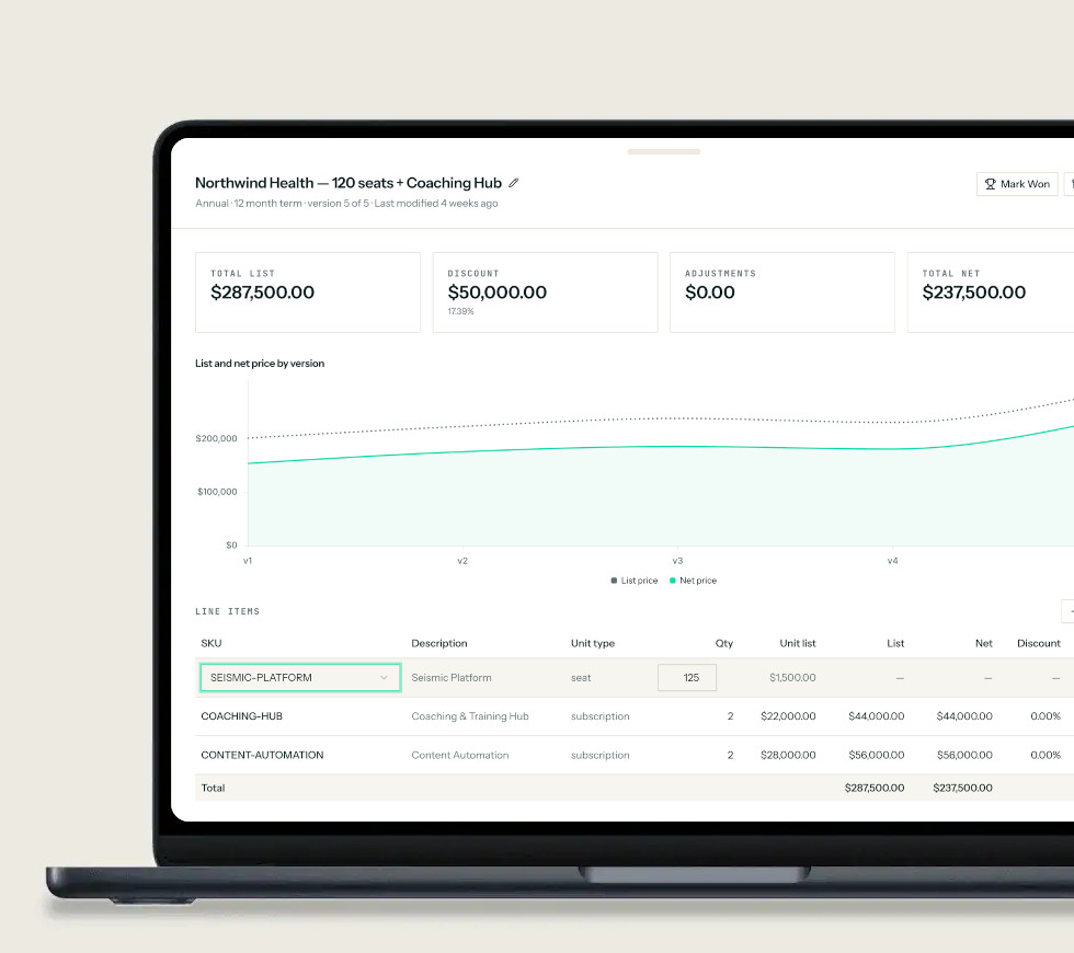 A quote in LevelSetter on a demo tenant, synced with the CRM or quoting system and connected to the decision layer: list, discount and net totals, list and net by version, and the line items against the pricebook